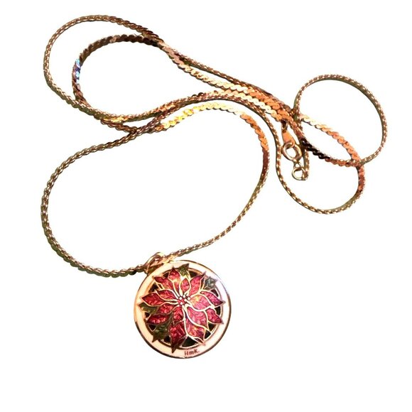 Heavy HMK Signed Cloisonné Poinsettia Pendant Necklace On 26" Chain - Picture 9 of 9